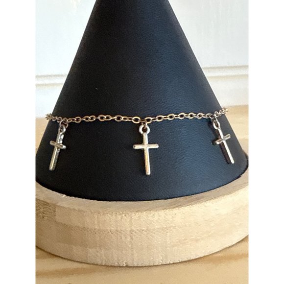 Gold-Tone Chain Ankle Bracelet With Dangling Cross Charms & Adjustable Clasp - Picture 1 of 3